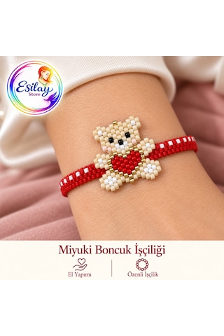 El Yapımı Miyuki Boncuk Ayıcık Bileklik Kırmızı Kalpli Özgün Tasarım Çok renkli