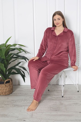 Büyük Beden Boydan Düğmeli Kadife Pijama Takımı GÜL KURUSU