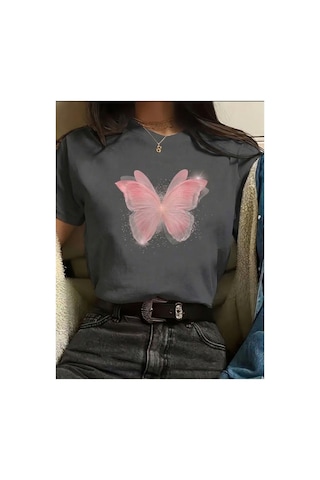 Pembe Kelebek Desenli Baskılı Kompakt T-shirt Gri