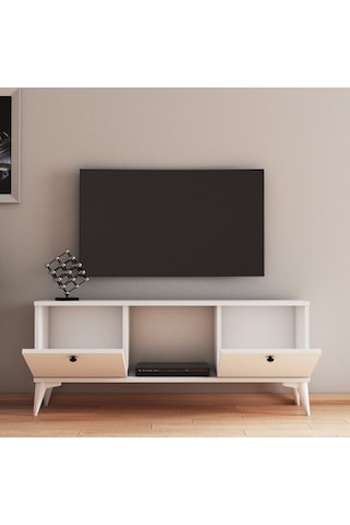120 Cm Beyaz Tv Sehpası Siyah Düğme Kulplu