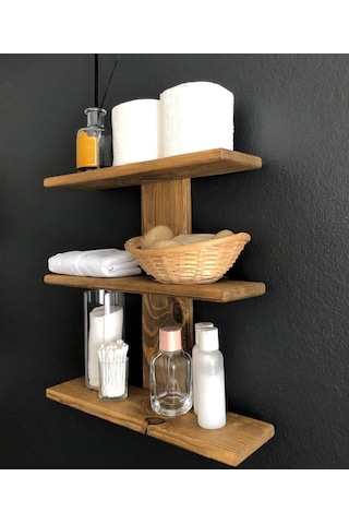 O&Awood Doğal Ahşap Dekoratif Minimal Duvar Rafı,3 Katlı Vintage, Retro A