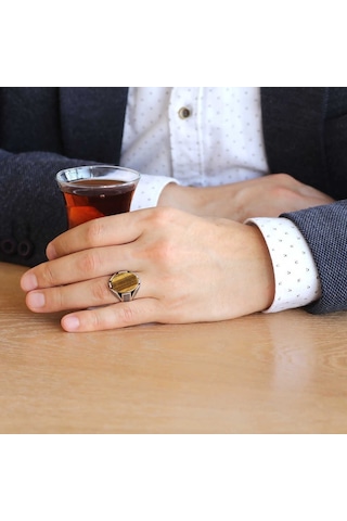 Kaplangözü Taşlı Örgü Tasarım 925 Ayar Gümüş Erkek Yüzük (429371848)