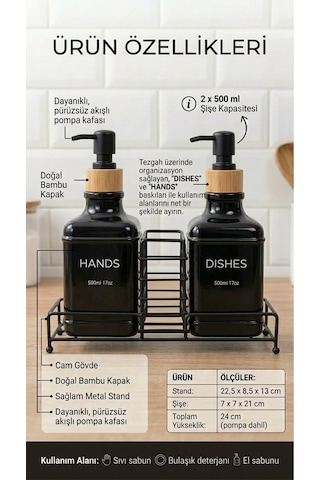 Makri Home Stantlı Bambu Kapaklı İkili Cam Sıvı Sabunluk & Deterjanlık Seti 2 500 Ml, 22,5 8,5 24 Cm Siyah