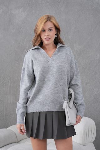 Park Karon Kadın Gri Polo Yaka Oversize Yarım Pat Yumuşak Dokulu Triko Kazak 8585sw Gri