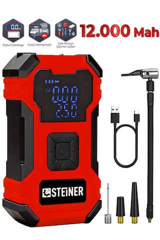 Steiner 12.000 Mah Dijital Ekranlı Kablosuz Lastik Hava Pompası Şarjlı Hava Kompresörü Powerbank Led Işık Kırmızı