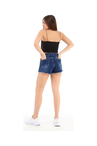 Cedy Denim Kadın Yüksek Bel Yırtlıklı Ve Yıpratmalı Paçası Püsküllü Kot Şort Mini Jean Şort C603 Lacivert