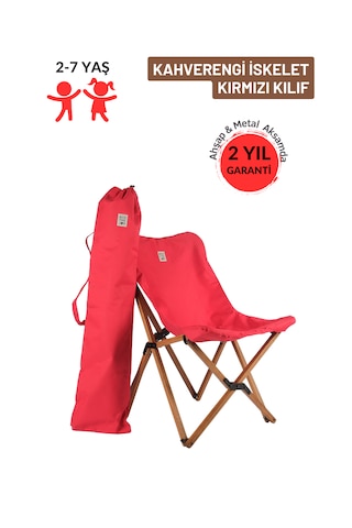 Bag The Joy Kids Ahşap Katlanır Kamp Sandalyesi Kahverengi İskelet - Kırmızı
