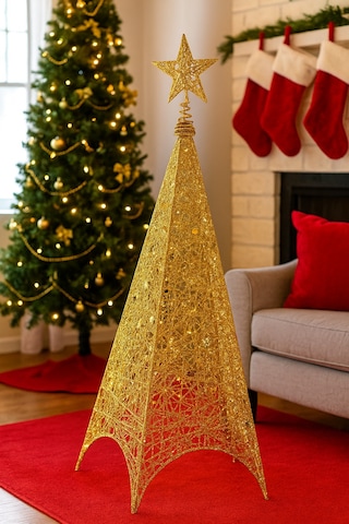 125 Cm Yılbaşı Tel Kule - 3 Boyutlu Altın Gold Renkli Lüks Dekoratif Kule Işıklı Çam Ağacı Alternatifi Diğer