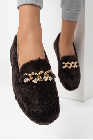 Nmoda Kadın Peluş Panduf Gold Zincir Taşlı Aksesuarlı Kapalı Loafer Yumuşak Tabanlı Kışlık Rahat Babet Kahverengi