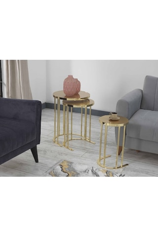 Premium Zigon Sehpa & Yan Sehpa 3'lü Yuvarlak Sehpa Hıgh Gloos Mdf Altın Yuvarlak