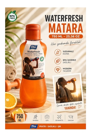 Renkli Suluk Matara 750 Ml Kokusuz Suluk, Okul Suluğu, Spor Suluğu, Plastik Suluk Turuncu