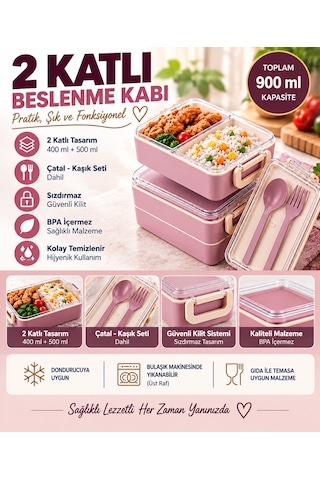 2 Katlı Bölmeli Sefer Tası / Beslenme Kabı 900ml - Kaşık Çatal Setli, Sızdırmaz Ve Bpa İçermez Pembe