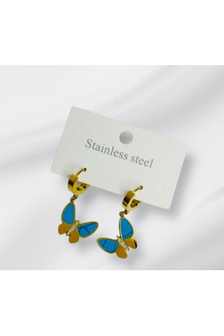 1001 Aksesuar Kelebek Model Turkuaz Ve Gold Renkli Çelik Küpe