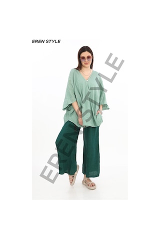 Bohem Kuruvaze Tek Düğmeli Keten Bluz-9884 Su Yeşili