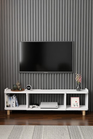 150 Cm Modern Tv Ünitesi Ayaklı Raflı Salon Oturma Odası Dekoratif Televizyon Sehpası Tv Sehpası Beyaz