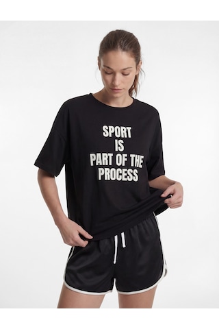 Koton Baskılı Yarım Kol Bisiklet Yaka Oversize Spor Tişört Siyah 6sak10228nk