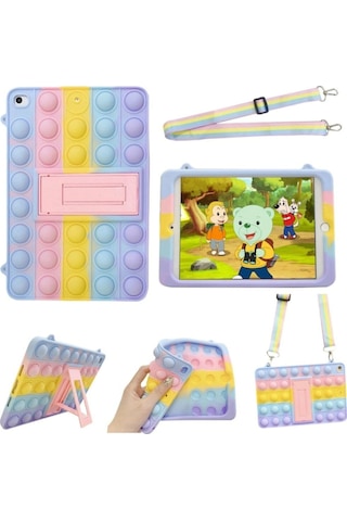 Apple Uyumlu iPad 9.7 Inç 5. Nesil Kılıf Popit Çocuk Tablet Standlı Askılı Gökkuşağı Renkli Kapak Kılıf