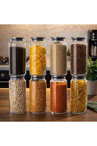 Porsima 4401 Bormio Metal Kapaklı 8li Cam Kavanoz Seti Vakum Kapaklı Saklama Düzenleme Kabı Seti 1400ml Şeffaf