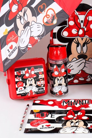 Yeni Sezon Lisanslı Mınnıe Mouse Anaokul,beslenme Çantası İle Beslenme Kabı,matara 500 Ml,şemsiye Ve Kırtasiye Okul Seti