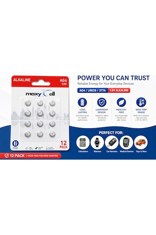 Maxycell 12 Adet Ag4 376 377 Sr626 Sr626sw Lr66 1.5v Düğme Pil, Saat Pili, Çocuklara Dayanıklı Ambalaj, Küçük Elektronik Cihazlar Için,ölçüm Cihazlar