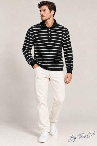 Cool Tarz Erkek Çizgili Polo Yaka Triko Kazak Slim Fit Uzun Kollu Pamuk Akrilik Karışımlı Siyah Siyah