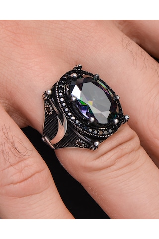 Gümüş Erkek Yüzük Mistik Topaz Taşlı Zülfikar Figürlü 10000100559