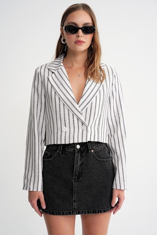 4641 Kadın Keten Çizgili Crop Ceket Siyah Siyah