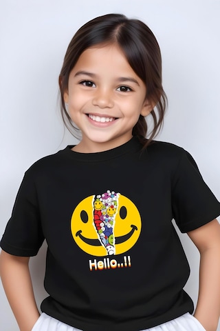 Panios Kids Emoji Baskılı Kız Çocuk Kısa Kollu T-shirt Siyah