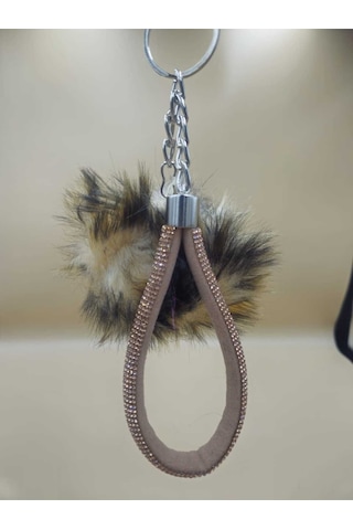 Camel Taşlı Tilki Tüyü Leopar Desenli Angel Anahtarlık