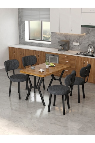 Azra 70x110cm Atlantik Mutfak Masası, Mutfak Masası Takımı, Yemek Masası, 4 Antrasit Sandalye Açık Gri