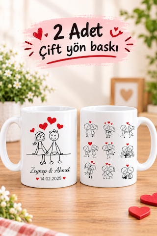 Çizgi Karakterli Sevgili Kupası Çiftler İçin Kişiye Özel İsim Ve Tarih Baskılı Söz Nişan Düğün Yıl Dönümü Kupa Bardak Hediyesi Beyaz