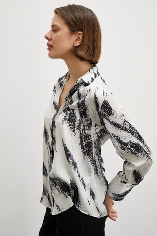 Never More V Yaka Baskılı Saten Gömlek Ekru