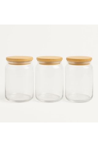 3'lü Set Bambu Kapaklı Orta Boy Vakumlu Cam Baharat Takımı - 3 X 700 Ml. Ahşap - Şeffaf