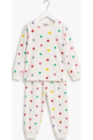 Koçak Kız Çocuk Pijama Takımı Renkli Puantiyeli Ekru