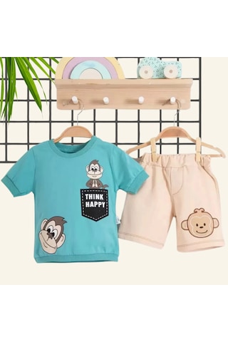 3-18 Ay Erkek Bebek Alt&üst Takımı Maymun 2li Mavi Mavi