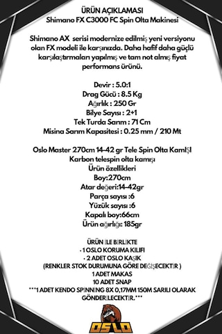 Oslo Master Telespin 270cm 14-42gr Shimano Fx 4000 8 Örgü Spin Olta Seti