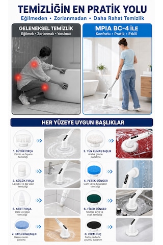 Şarjlı Ve Elektrikli Temizlik Fırçası Turbo Dönüş Teknolojisi Ipx7 Su Geçirmez 11 Başlık Dahil Mutfak, Banyo