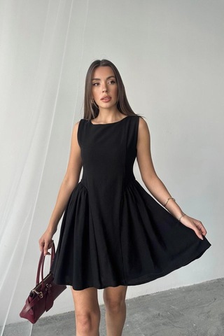 Dogutrend Siyah Mini Boy Büzgülü Keten Elbise