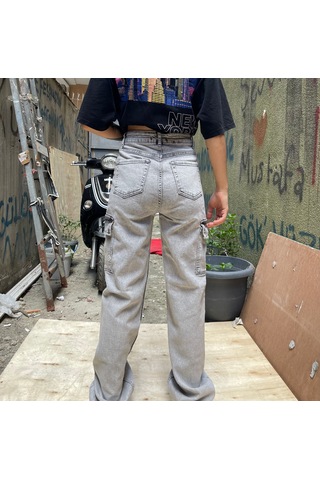 Kadın Gri Kargo Cepli Palazzo Jeans Gri