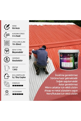 Alkoru 13 Kg Likit Membran Renkli Reçine Esaslı Sıvı Su Yalıtım Malzemesi Kırmızı