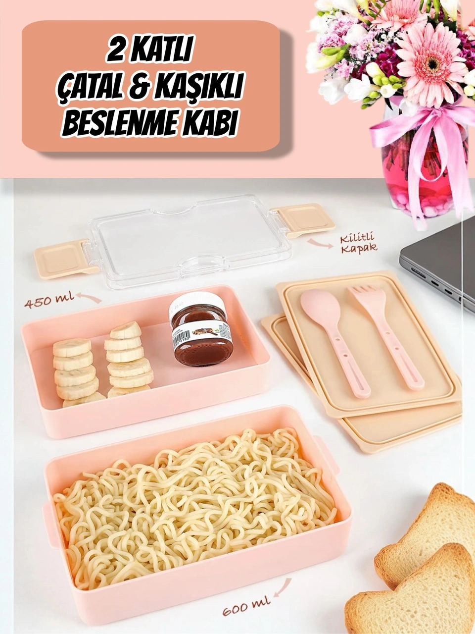 Dikdörtgen İki Katlı Lunch Box Pembe Renk Beslenme Kutusu Saklama Kutusu Pembe