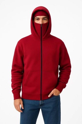 Samuray Ninja Çift Kapşonlu Zıp Fermuarlı Kanguru Çepli Tam Fermuarlı Hoodie Swetshirt - Kırmızı Kırmızı
