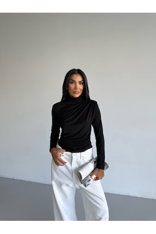 Trendhazan Boğazlı Sandy Kumaş Drapeli Bluz Siyah Siyah