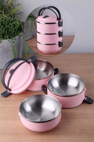 3 Katlı Vakumlu Yemek Termosu 3lü Sefer Tası Freshbox Serisi Pembe Açık Pembe