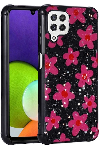 Zore Galaxy Uyumlu M32 Kılıf Simli Desenli Kamera Korumalı Parlak Popy Kapak - Çiçek Çiçek
