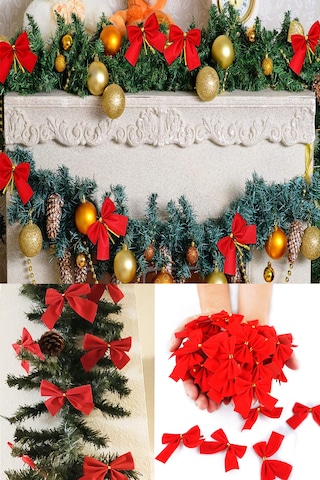 12 Adet Kırmızı Yılbaşı Çam Ağaçı Fiyonk Kurdele Yeni Yıl Noel