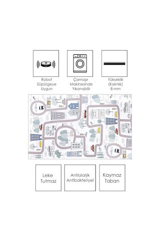 West Home Makinede Yıkanabilir Kaymaz Taban Leke Tutmaz Yol Desenli Halı Bebek Ve Çocuk Halısı Oyun Matı Wh 564 White Beyaz