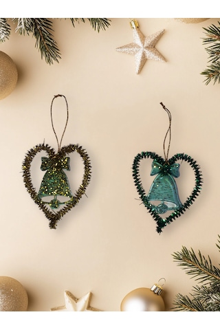 2 Li Sarı-yeşil Kalpli Çam Ağacı Yılbaşı Süsü