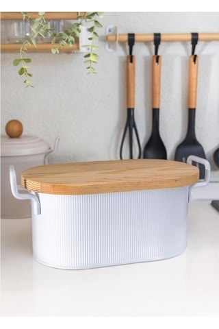 The Mia Stripe Ahşap Kapaklı Ekmek Saklama Kutusu Beyaz 40 22 18 Cm Beyaz