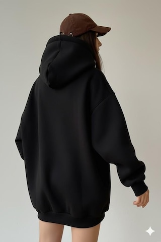 Afri Kadın Oversize Siyah Sweatshirt 3 İplik Şardonlu Kapüşonlu Cepli Rahat Kalıp Siyah
